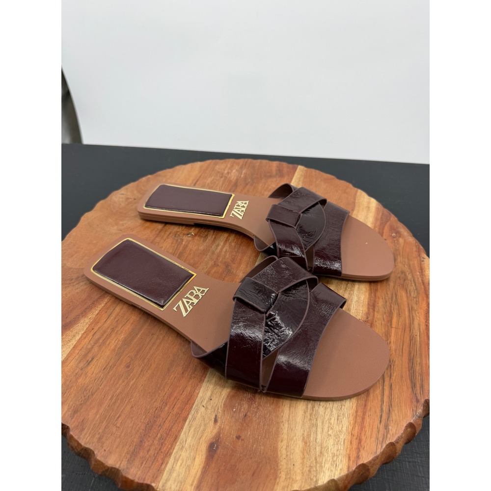 ZARA Interwoven Flat Slide Sandals Women 38 7.5 Burgundy Patent Leather